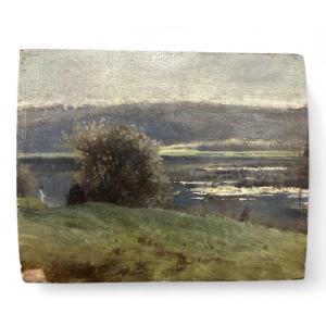 Oil On Wood - Water Landscape - Early 20th Century