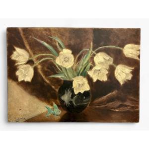 Oil On Wood - Bouquet Of Flowers - Lucien Lantier (french) - Early 20th Century