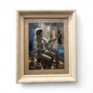 Gouache On Paper - 1946 - Jacques Liozu - Painter In Front Of His Easel