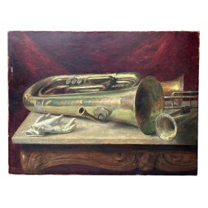 Otto Bache, Danish, 20th Century, "musical Instruments," Oil On Canvas 