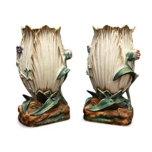 Pair Of Porcelain Vases - Old Paris - Early 20th Century - Barbotine With Floral Decoration 