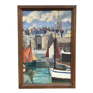 Oil On Wood - Boats In Saint Malo - 20th Century