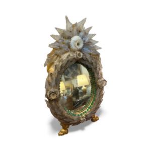 Italian Venetian Murano Table Mirror, Circa 1940, Decorated With Flowers, Leaves And Pearls