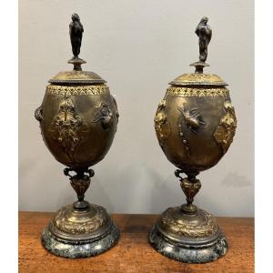 Pair Of Bronze Cassolettes Decorated With Insects By The Sculptor Auguste Nicolas Cain, 19th Century