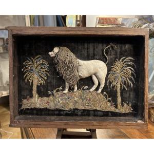 Embroidery, Decorative Relief Work Depicting A Lion. 19th Century Textile. Object Of Curiosity. 