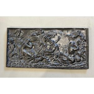 19th Century Decorative Pewter Plaque With A Mythological Marine Bas-relief. Antique.