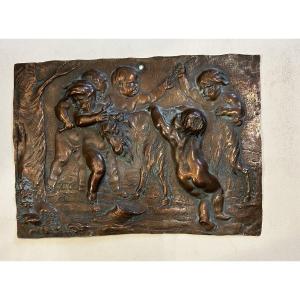 19th Century Repoussé Copper Bas-relief, Bacchanal Of Putti With Goat, After Duquenoy. Plaque 