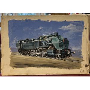 Gouache On Cardboard. Streamlined Steam Locomotive, C. 1950. Railway Illustration