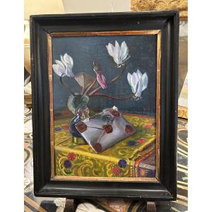  Still Life With Cyclamens And Sealed And Signed Letter By Julien Le Bordays. Oil On Canvas, 20th Century.