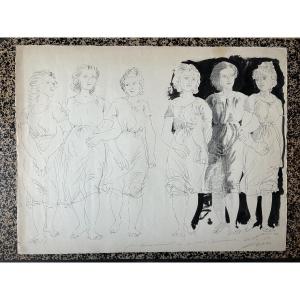 Hans Herni (1909-2015) Large Original Drawing, Signed And Dated 1953, Ink And Note, Female Figures