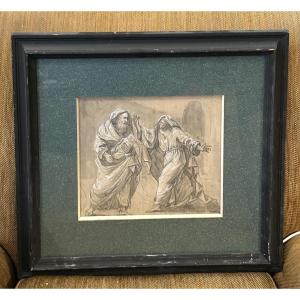 Antique Wash Drawing – Religious Scene – 18th Century School – White Highlights