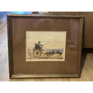 Watercolor Signed Charles Hutin (?) – Humorous Scene (animals) – French School, 19th Century