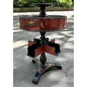 Napoleon III Japanese Pedestal Table Attributed To Maison Giroux, Lacquered Couture Furniture