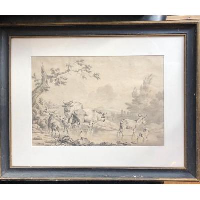 The Shepherd And His Flock - Watercolor On Paper