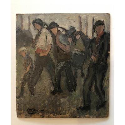 Return From The Factory - Oil On Cardboard