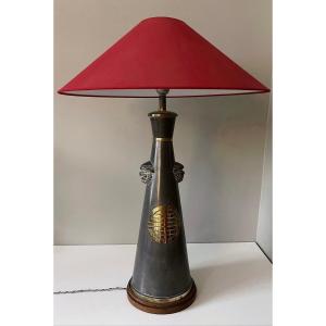 Pewter And Bronze Lamp With Chinese Decor 1920/30 Wooden Base, With Shade