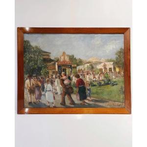 Oil On Canvas Representing A Fair. Hungarian Work. Nagy Dániel Ferenc Budapest 
