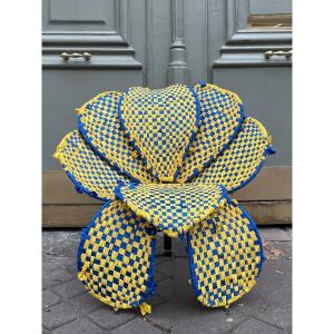 "fiore" Armchair By Italian Designer Anacleto Spazzapan In Metal And Braided Fabric.