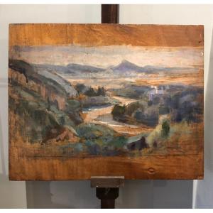 Oil On Wood Landscape From The French Pointer Tony-pichon 20th Workshop Stamp