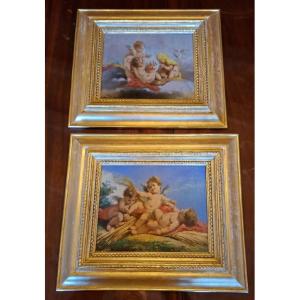 Pair Of Paintings With Angels And Putti - Oil On Panel