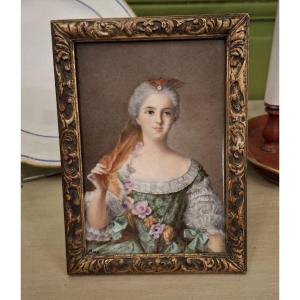 Miniature Portrait Of Mrs. Sophie - Porcelain Plaque And Carved Gilt Wood Frame