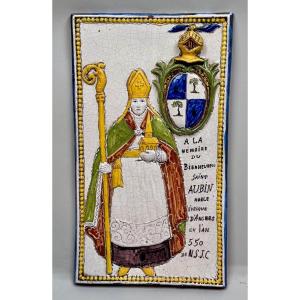 Malicorne Earthenware Plaque In Memory Of The Bishop Of Angers, The Blessed Saint Aubin 