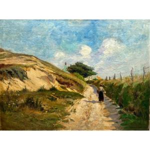 Returning From Fishing On A Path In The Dunes, Large Oil On Canvas.