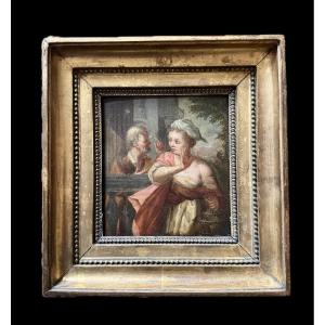 The Confidence Or The Romantic Rendezvous, Oil On Wood, 18th Century