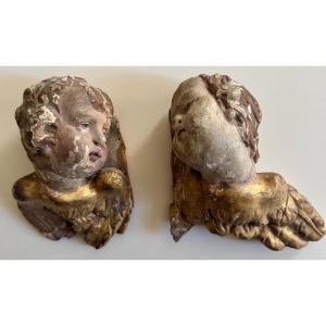 Two Angels In Polychrome Wood 18th Century