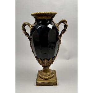 Large Neoclassical Black Ceramic Vase With Gilded Bronze Handles