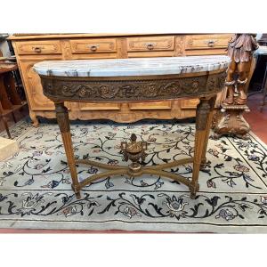 Louis XVI Style Console In Carved Wood And Gilded Stucco, Medici Vase Stretcher, Ma Top