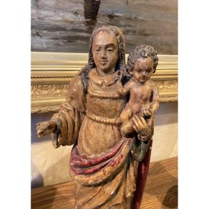 Virgin And Child, Polychrome Wood, 18th Century