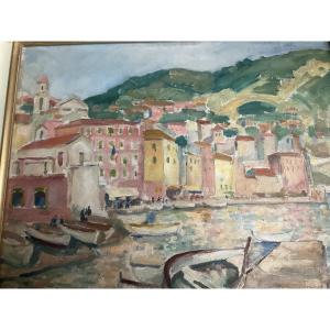 View Of A Port On The French Riviera, Oil On Cardboard, 1939