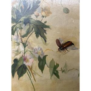Insect And Flowers, Oil On Cardboard