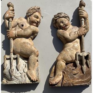 Pair Of 18th-century Polychrome Wooden Putti 