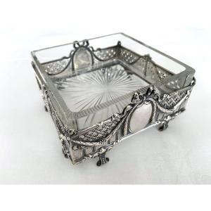 ! ! Wolfers Féres, Brussels, Square Bowl, Dish In 800 Silver With Glass Insert Circa Belg.1900