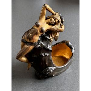 Orivit Metal, Pewter Partially Gilded, Burnished, Designed By Coudray, Art Nouveau Planter 1904