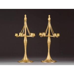 Pair Of Art Nouveau Candlesticks, Bitter & Gobbers Krefeld, Germany 1900-10, Gilt Pewter