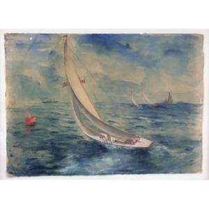 Gouache On Paper - Sailboats In Tegel, Berlin, Germany 1920s, Wilhelm Kohlhoff