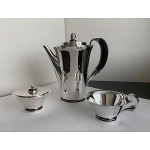 Georg Jensen Silver Pyramid Coffee Pot 600 B With Creamer And Sugar Bowl 600 A, 1945 - Ca, 1950