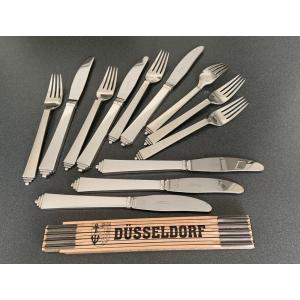 Georg Jensen Pyramid Art Deco Silver Dinner Forks & Knifes Set For 6 Persons