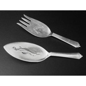 Georg Jensen Art Deco Pyramid 925 Silver Fish Serving Fork And Knife