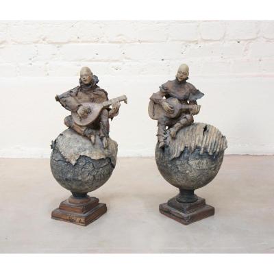 Pair Of Sculptures "guitar And Mandolin Players" From Cheryl Chase
