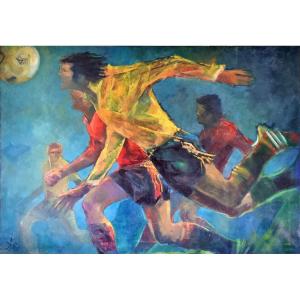 Robert Decremps Called "dero" - Important Oil On Canvas The Footballers - Football Painting