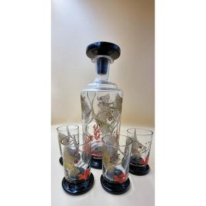 Decanter And 4 Glasses Circa 1930 - 1950 Enamelled Engraved Fish Decor Black Red Art Deco Service