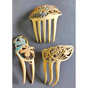X3 Hair Combs 1900 Art Nouveau Bakelite Ivory Engraved Gilding Inclusions