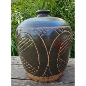 Edouard Cazaux - Large Enamelled Stoneware Vase With Reserve Decoration On Raw Earth, Art Deco Ceramic