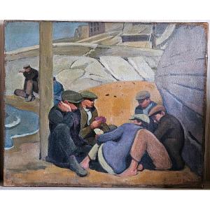 Etienne Bouchaud - Oil On Canvas Card Players By The Sea - Algiers, Marseille?