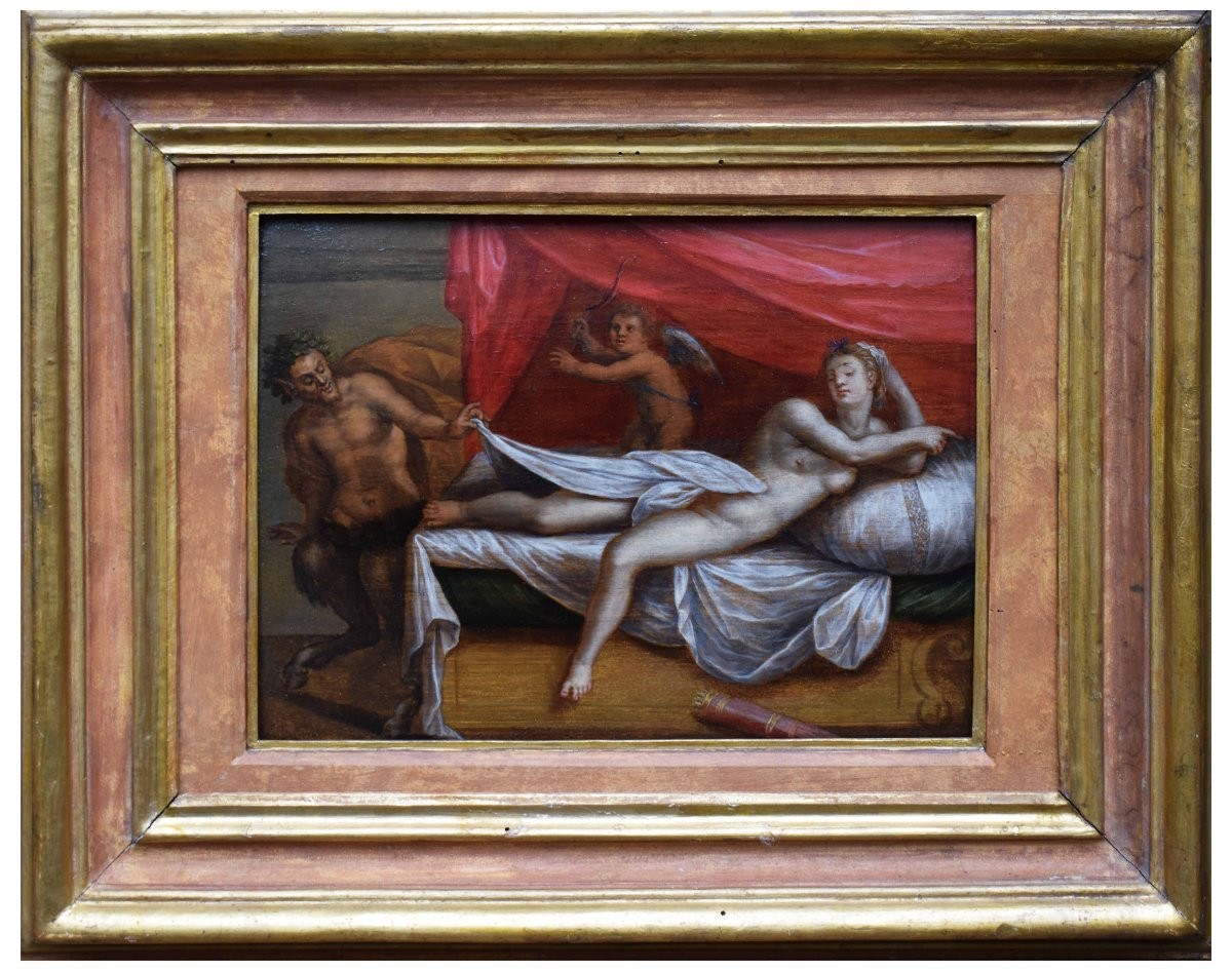 Dipinto fiammingo del XVII secolo raffigurante Venere sorpresa da un satiro su tavola di rovere-photo-2