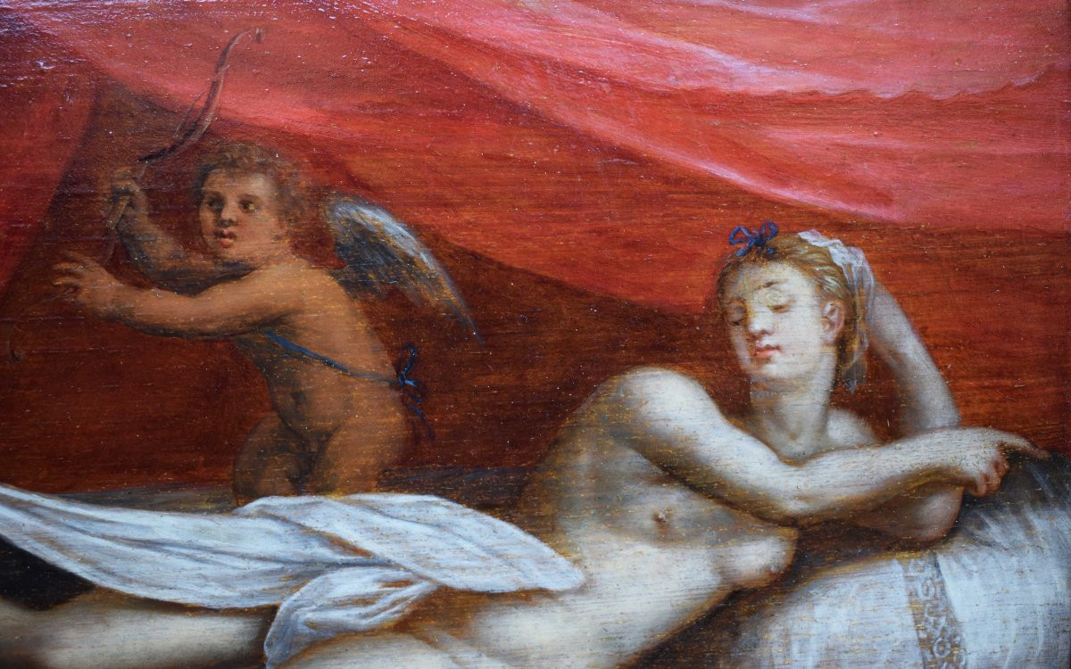 Dipinto fiammingo del XVII secolo raffigurante Venere sorpresa da un satiro su tavola di rovere-photo-3